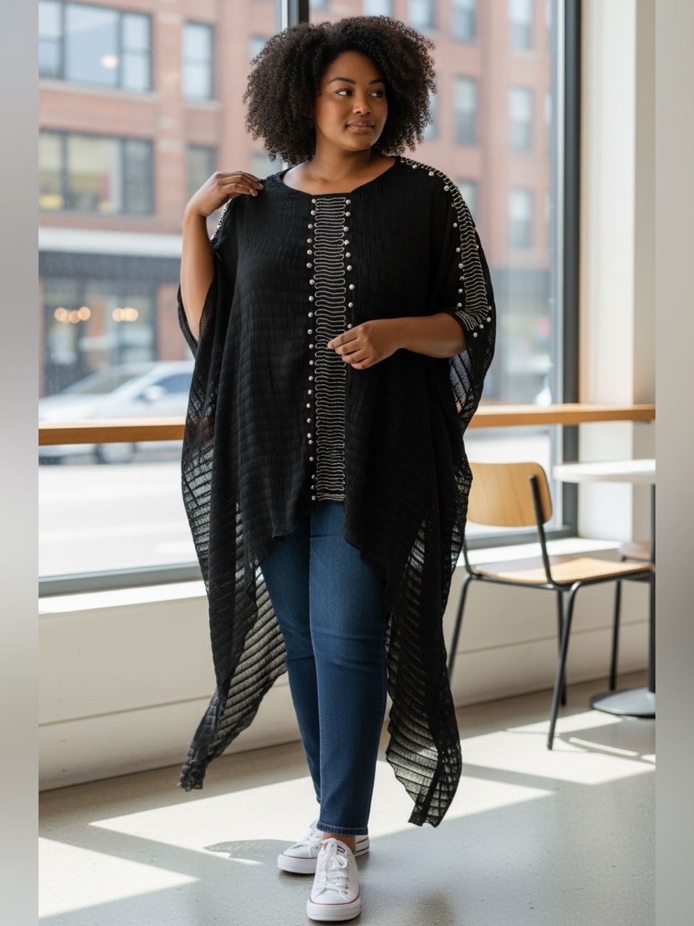 N by Nancy Black Embellished Open-Knit Poncho